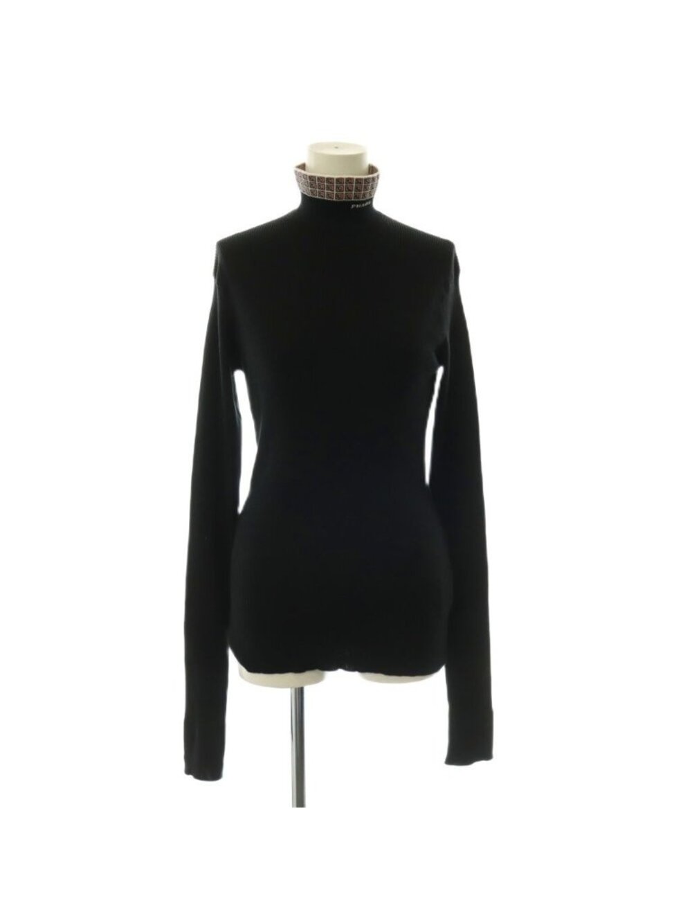 Prada Jacquard Logo High Neck Rib Knit Top Long Sleeve Black Sweater 44